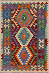 Flat Weave Kilim Antique Navaho Vintage handmade Geometric Kilim Red Gray Hand-Woven Rectangle 100% Wool Area Rug 3x5